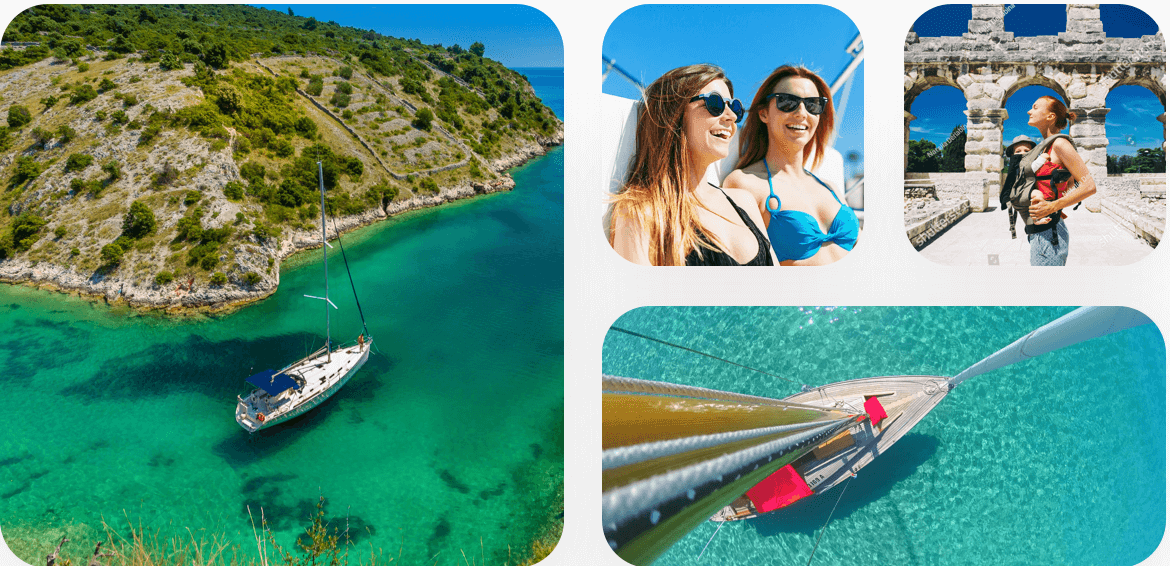 Collage of people enjoying a yacht charter holiday | Sebastus Sailing