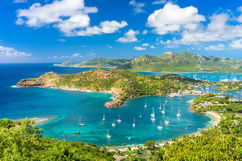 Antigua and Barbuda view of many boats anchored in the bay