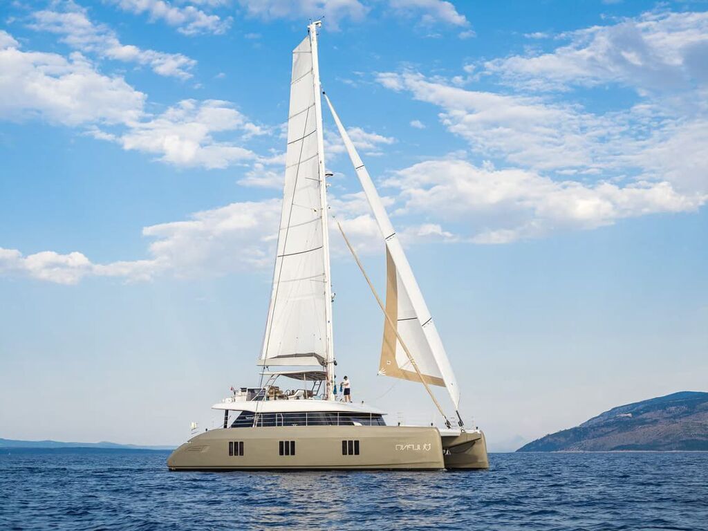 Crewed catamaran on the water