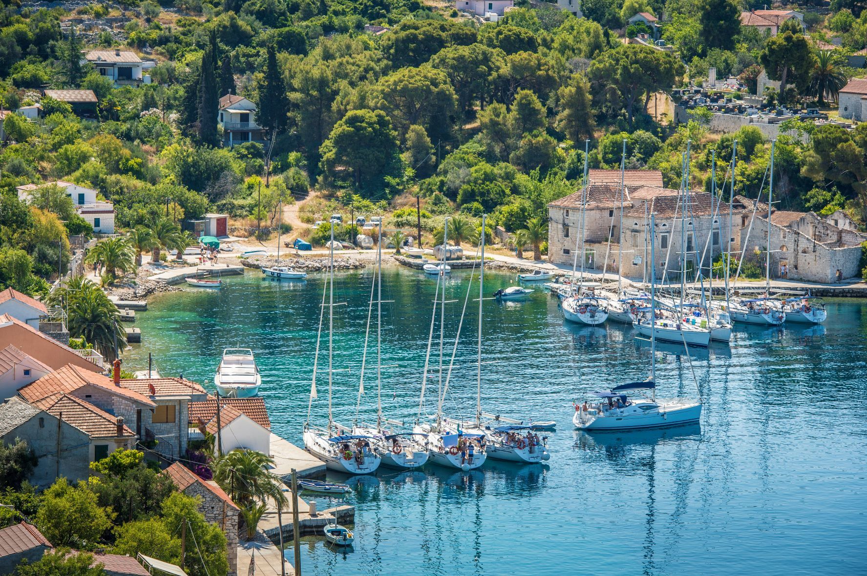 boats anchored in a protected Croatian bay