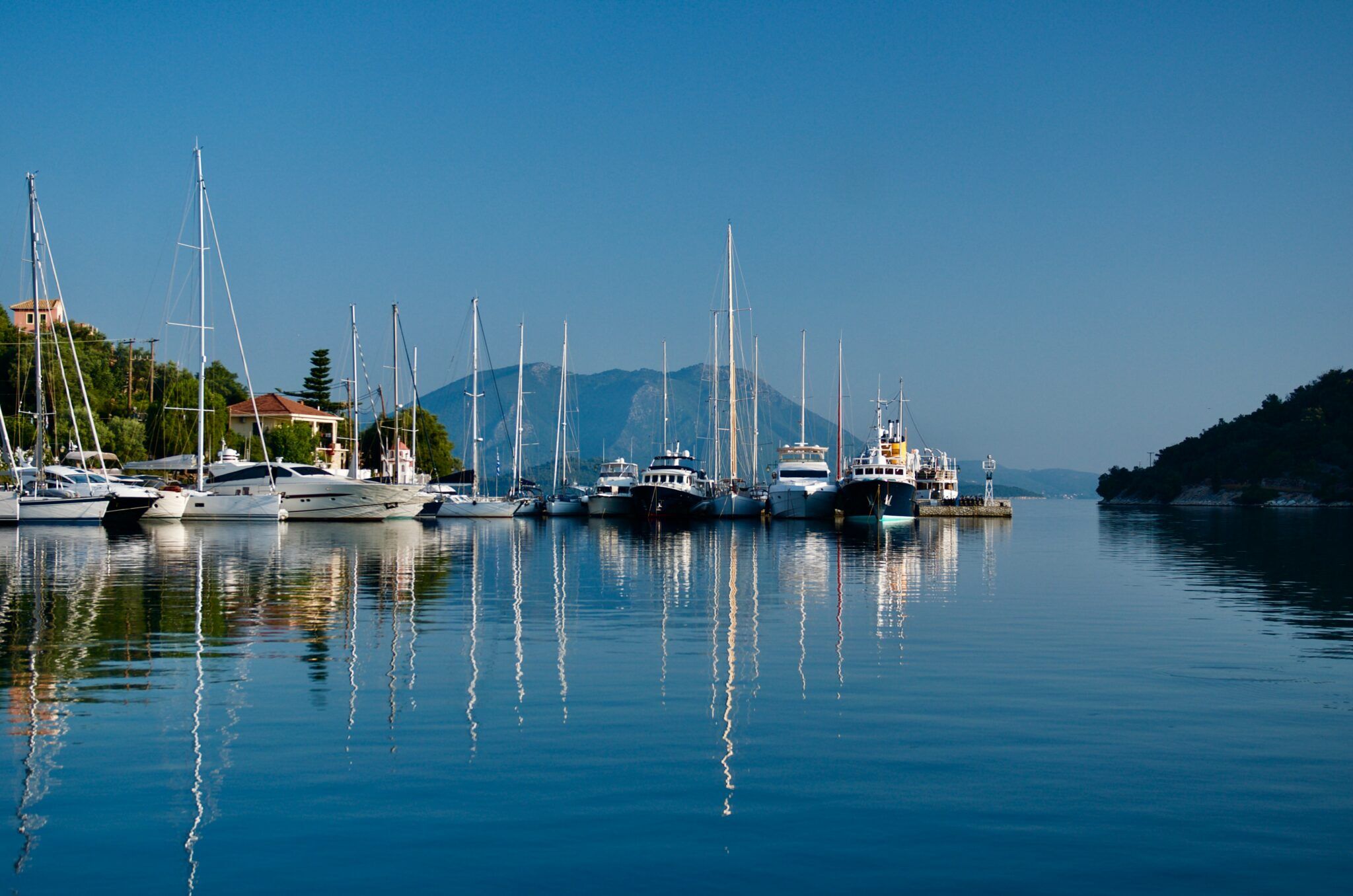 boats moored in Lefkas port on a quiet day