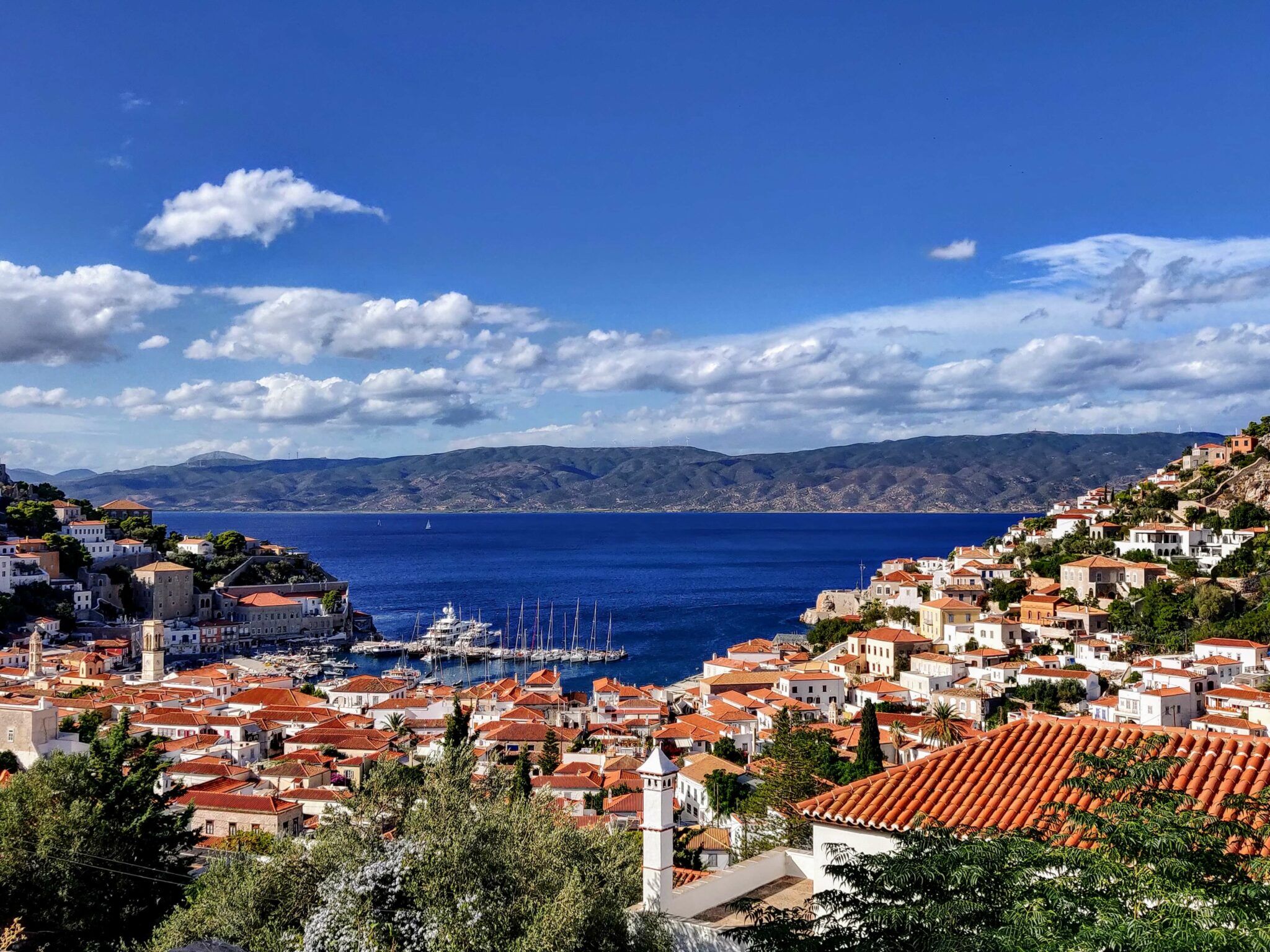 Hydra port with boats anchored