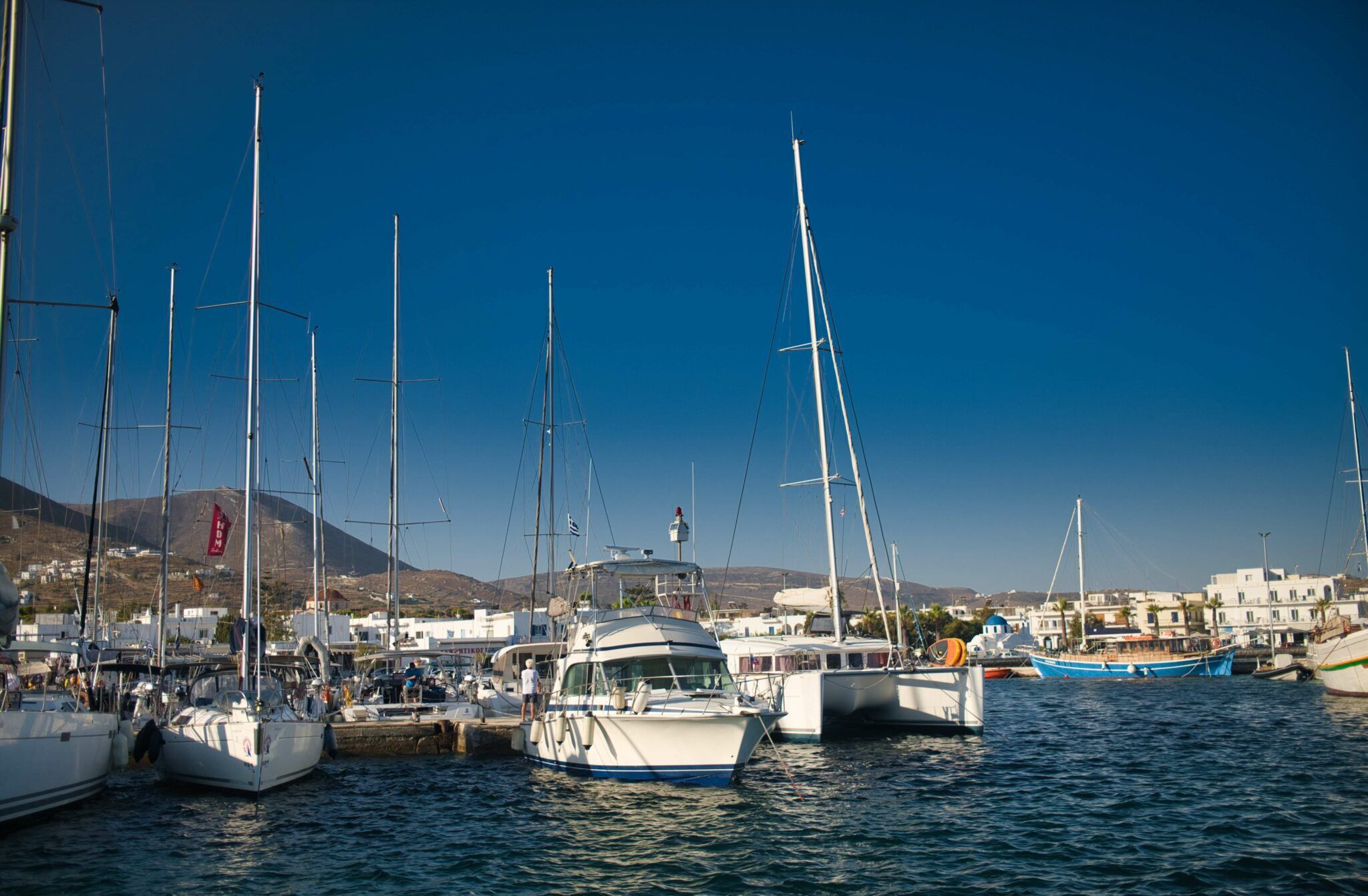 Boats moored in a Paros port